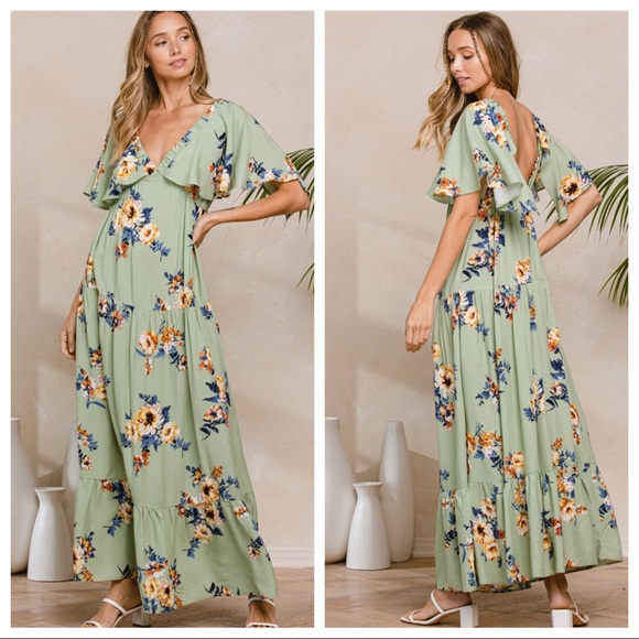 ShopEvelynne Dresses & Skirts - 08 Most Fabulous Boho Chic Floral Flutter Sleeve V Neck Long Tier Maxi Dress